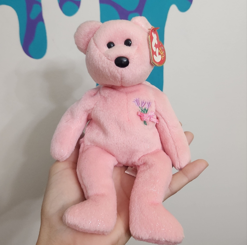 "Love You Mum" Ty Pink Plush Bear with Embroidered Flower